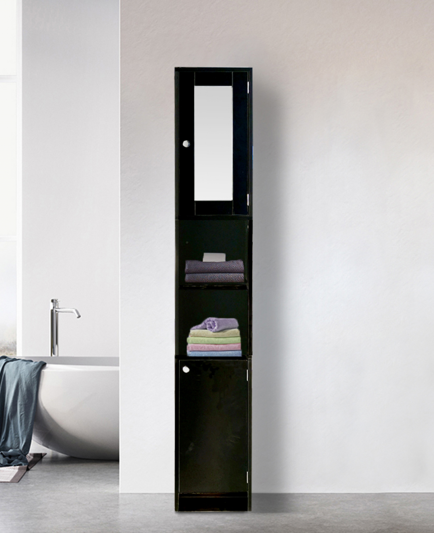 jurk Denk vooruit toezicht houden op Badkamerkast - kolomkast badkamer slaapkamer of hal - met spiegel - 180 cm  hoog - zwart - Meubel Plein