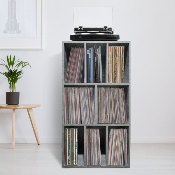 LP vinyl opbergkast - platenkast - opbergen lp vinyl platen - boekenkast - 8 vakken - grijs beton look - Afbeelding 2